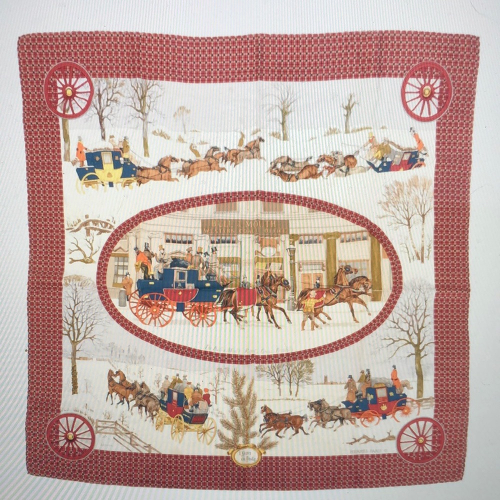 #0136 Hermes “L’Hiiver en Poste” Silk Twill Scarf - Vintage